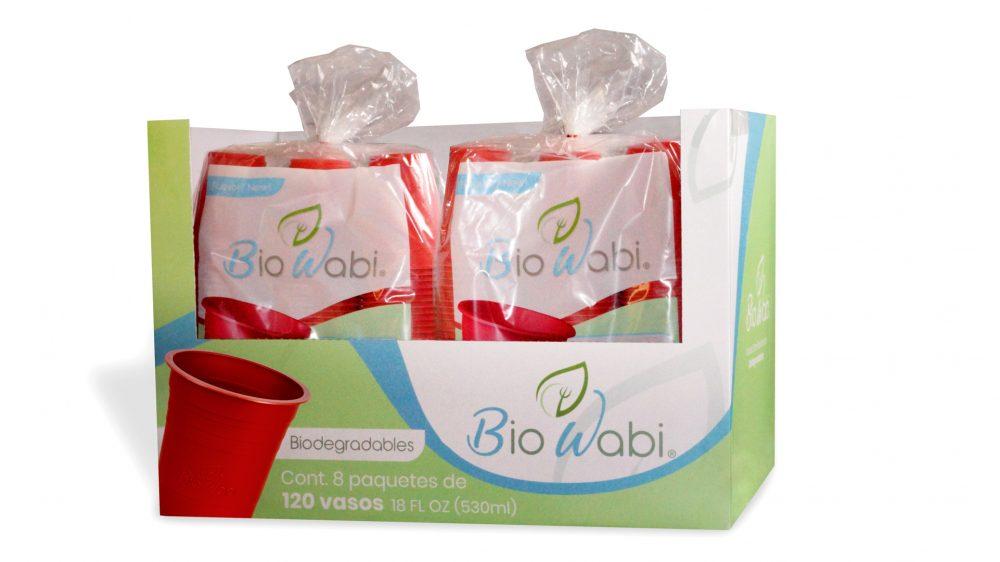 Bio Wabi Caja con 8 paquetes de 120 vasos rojos biodegradables